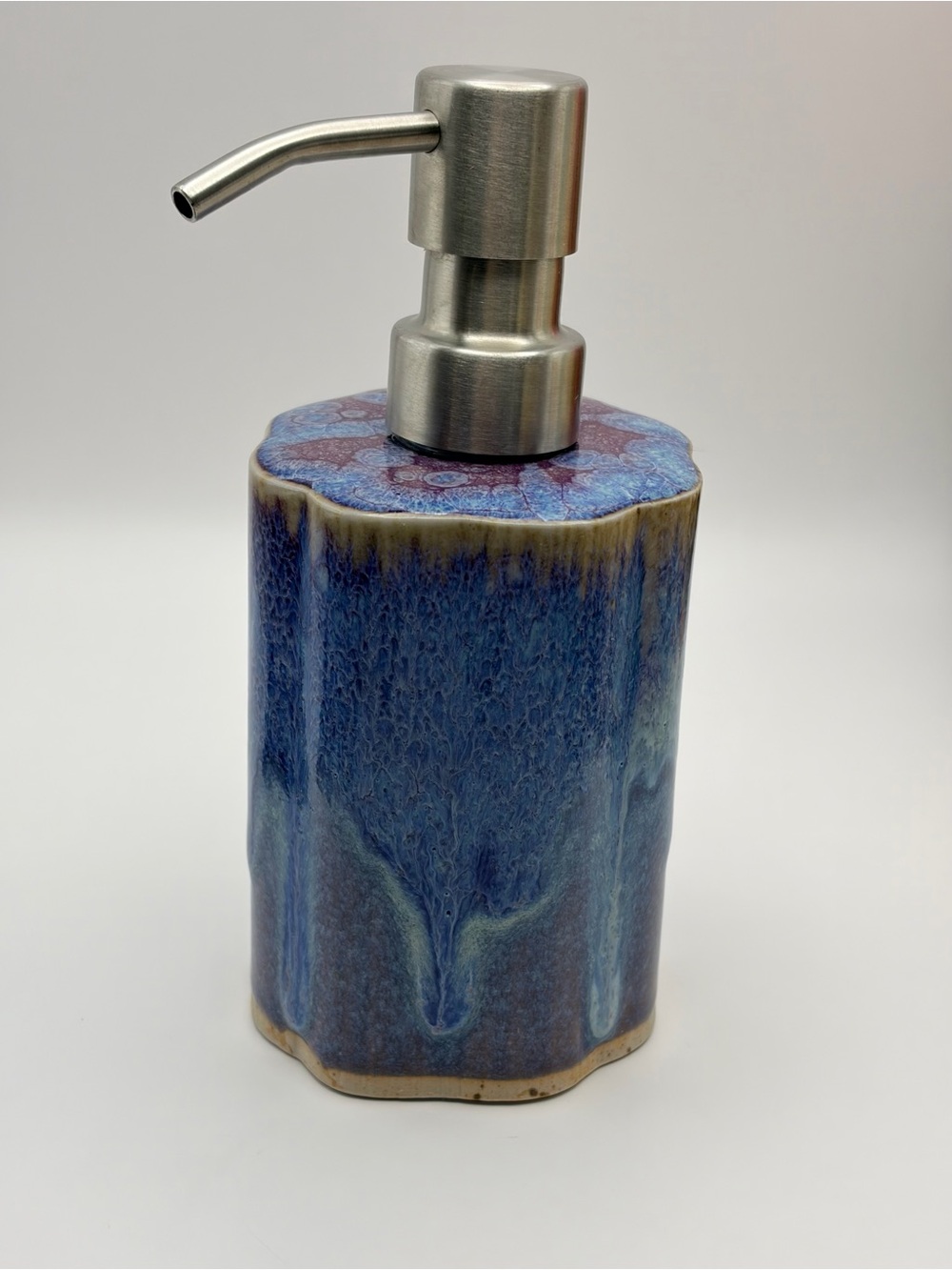 Bay Pottery, Handmade Soap Pump/Dispenser, Blue Drip Glaze, Mauve/Tan Accents